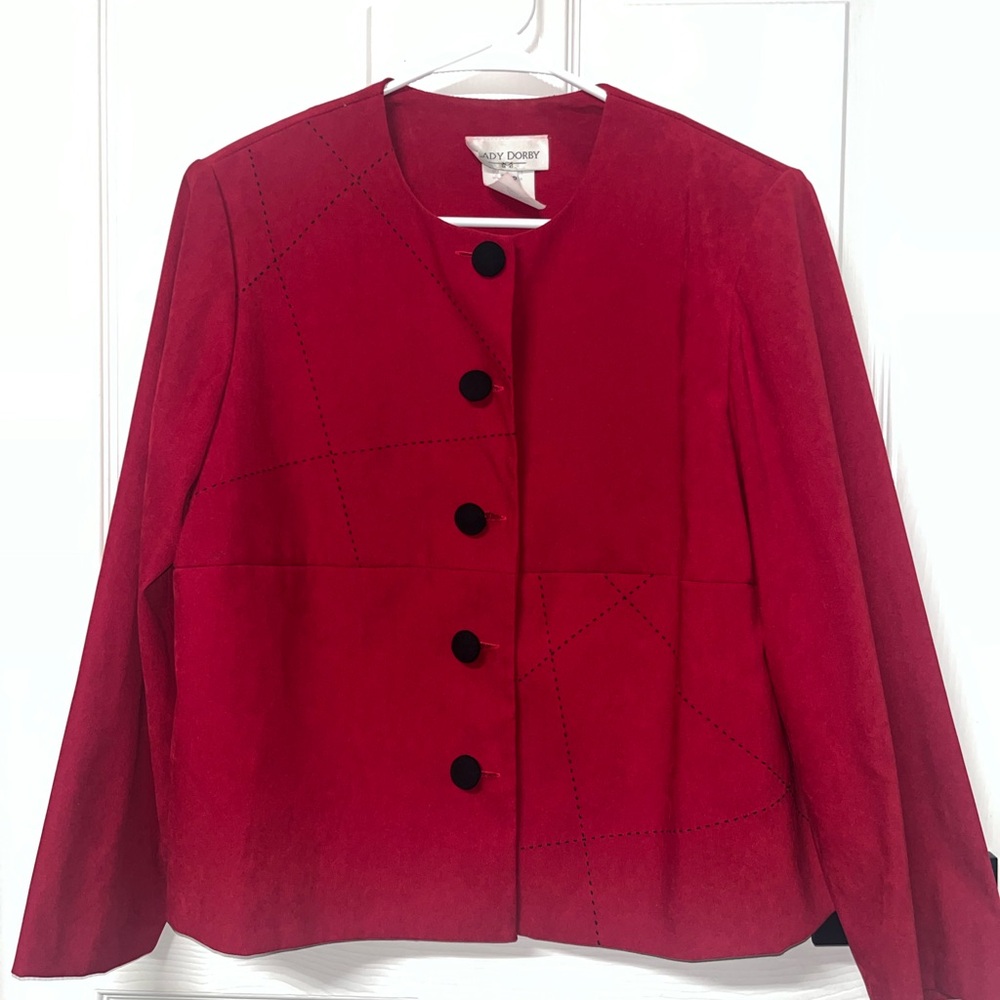 LADY DORBY WOMENS RED AND BLACK BUTTONS BLAZER/JACKET SIZE 16 LONG SLEEVES